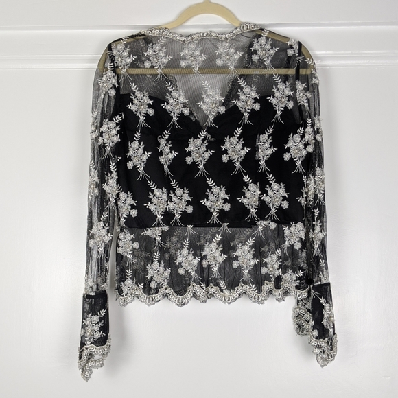 Vintage 90s Beaded Pearl Sheer Bell Sleeve Top - Picture 2 of 8